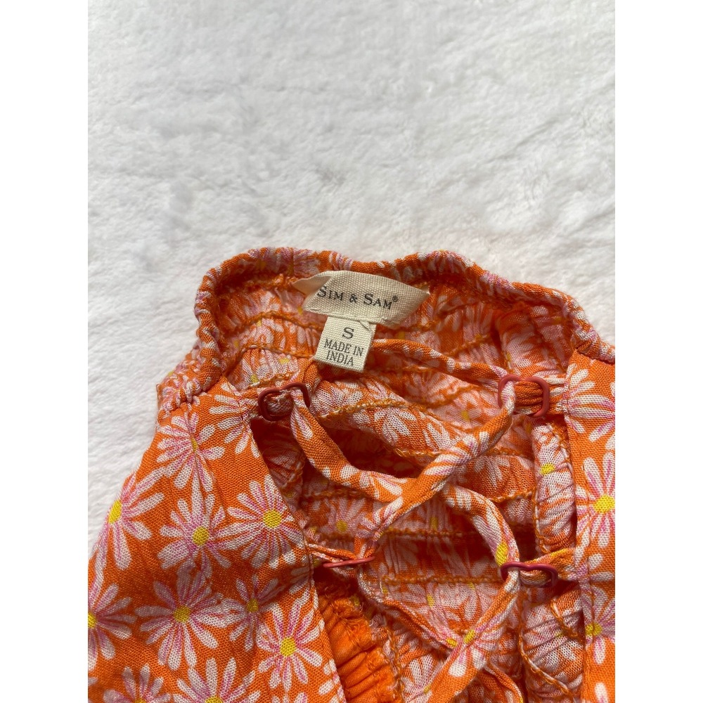 Sim & Sam Womens Small Dress Orange Daisy Floral Smocked Puff Sleeve Mini - Picture 9 of 11